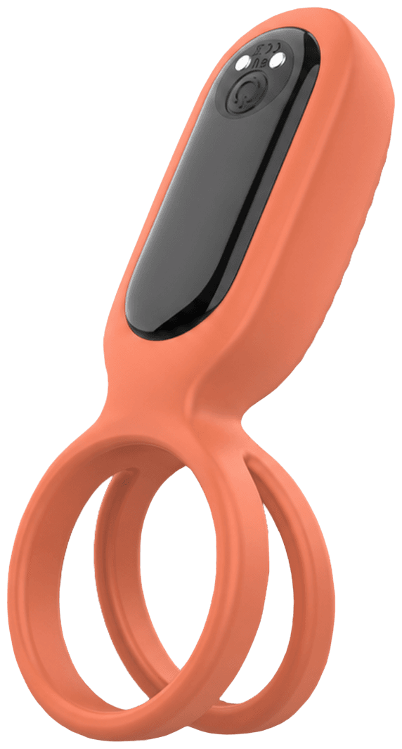 The Couple C-ring in coral, a double ring with a vibrating arm